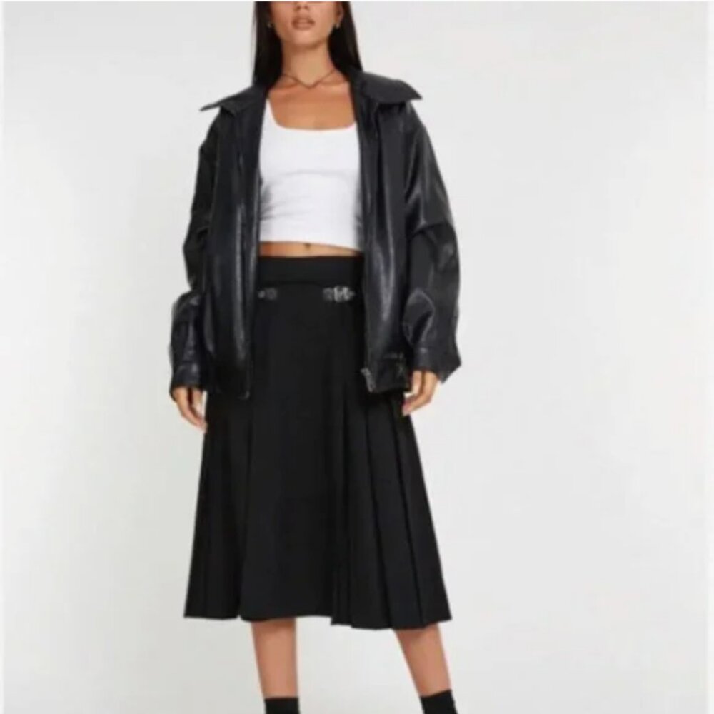Motel Rocks Grunge Black Midi Skirt w Pleat and Leather Detail - Size Small